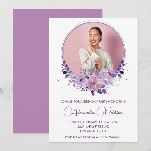40th birthday invitation Photo Elegant Boho purple (Front/Back)