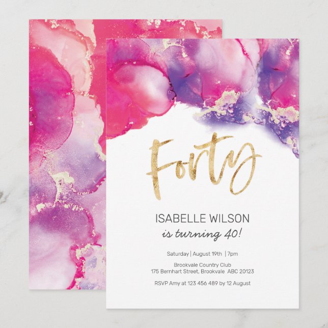 40th Birthday Invitation pink Abstract Watercolor (Front/Back)
