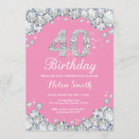 40th Birthday Invitation Pink and Silver Diamond