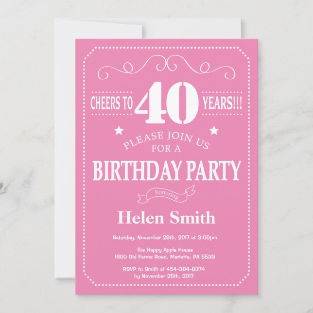 40th Birthday Invitation Pink and White (Front)