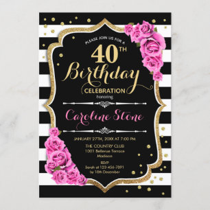 40th Birthday Invitation Pink Black White Stripes