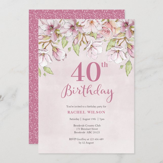 40th Birthday Invitation Pink Floral (Front/Back)