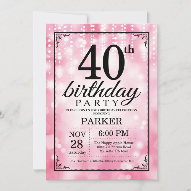 40th Birthday Invitation Pink Glitter (Front)