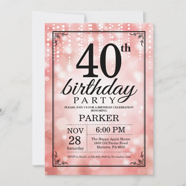 40th Birthday Invitation Pink Glitter (Front)
