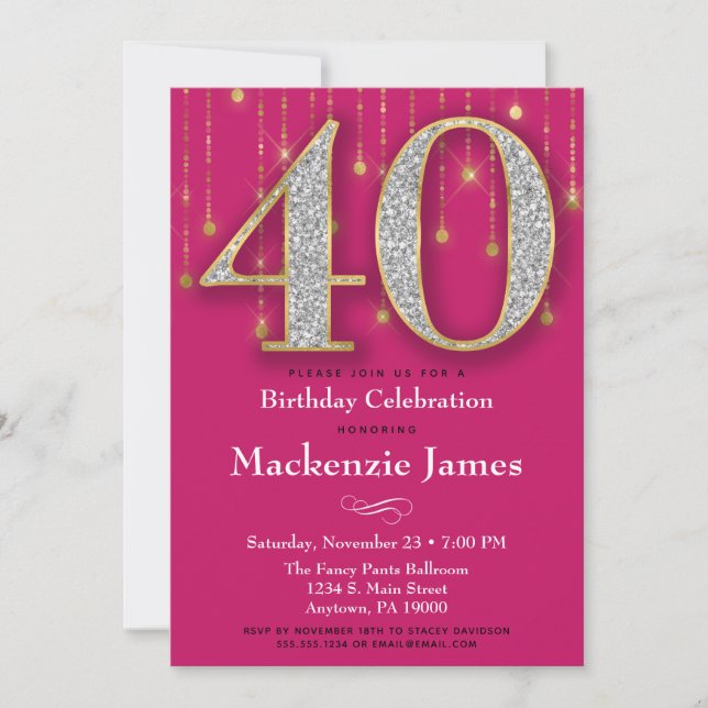 40th Birthday Invitation Pink Gold Diamonds Adult (Front)
