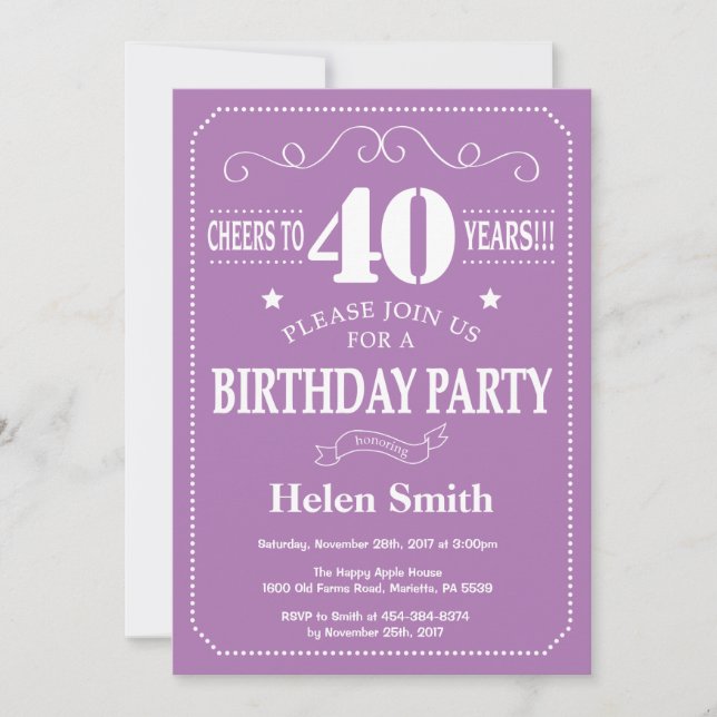 40th Birthday Invitation Purple and White (Front)
