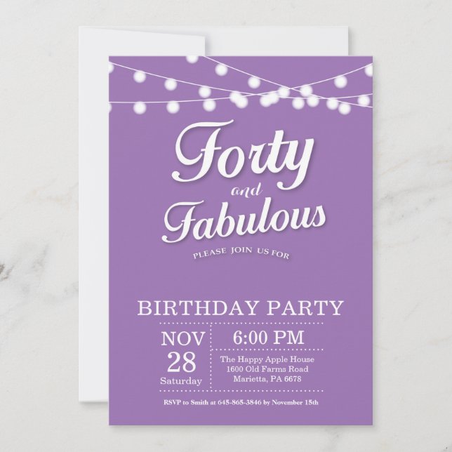 40th Birthday Invitation Purple Fabulous (Front)
