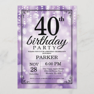 40th Birthday Invitation Purple Glitter