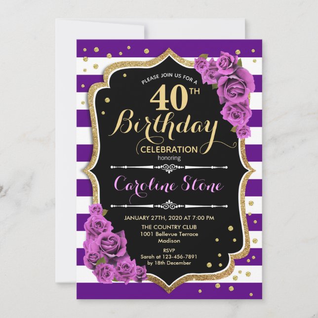40th Birthday Invitation Purple Gold With Roses (Front)