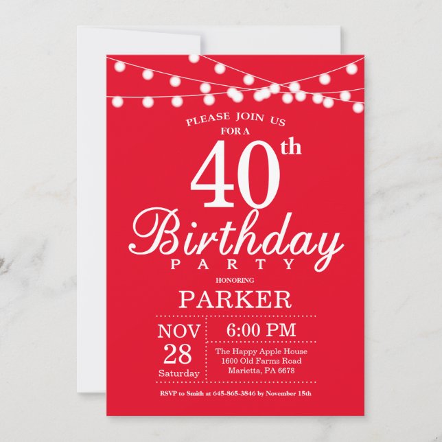 40th Birthday Invitation Red (Front)