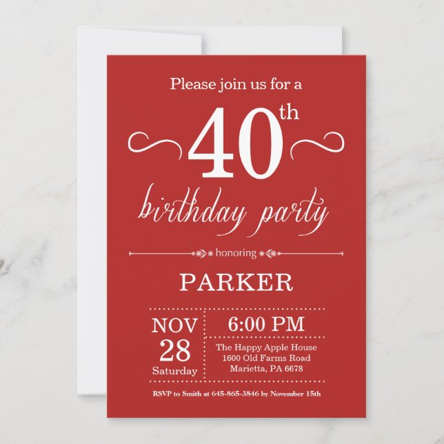 40th Birthday Invitation Red (Front)