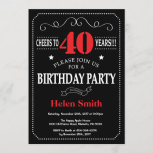 40th Birthday Invitation Red and Black Chalkboard