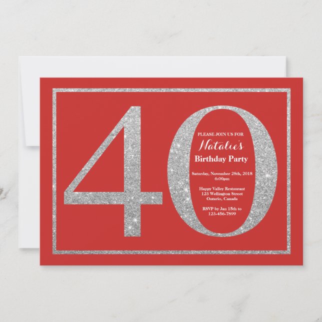 40th Birthday Invitation Red and Silver Glitter (Front)