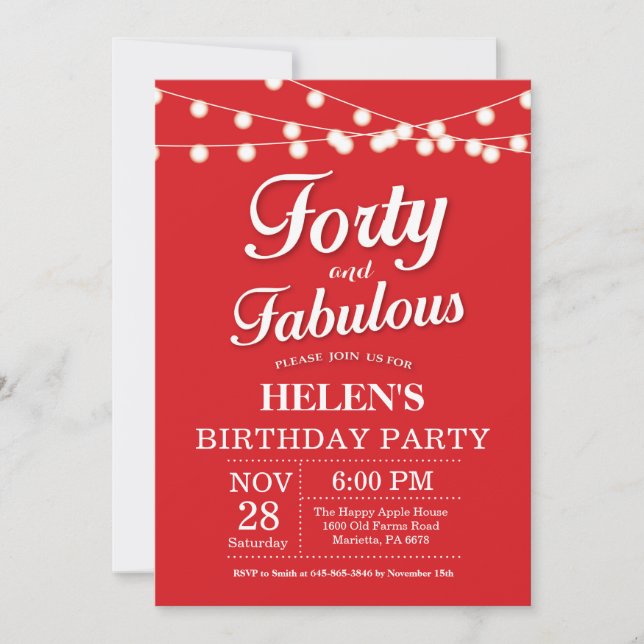 40th Birthday Invitation Red Fabulous (Front)