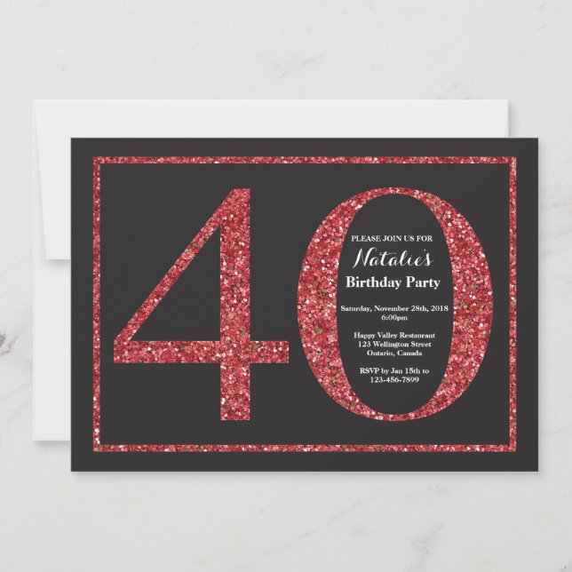 40th Birthday Invitation Red Glitter Chalkboard (Front)