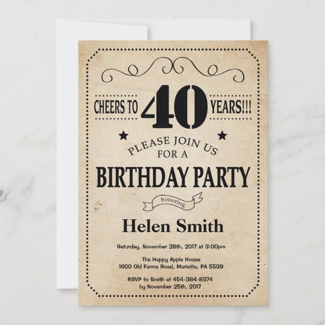 40th Birthday Invitation Rustic Vintage Retro (Front)