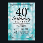 40th Birthday Invitation Teal Glitter<br><div class="desc">40th Birthday Invitation with Teal String Lights with Teal Glitter Background. Teal Birthday. Adult Birthday. Men or Women Bday Invite. 13th 15th 16th 18th 20th 21st 30th 40th 50th 60th 70th 80th 90th 100th, Any age. For further customisation, please click the "Customise it" button and use our design tool to...</div>