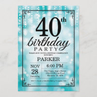 40th Birthday Invitation Teal Glitter