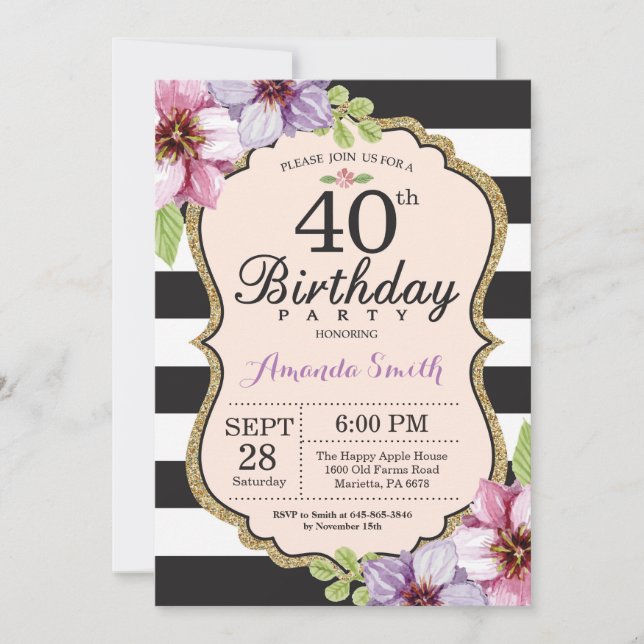 40th Birthday Invitation Women. Floral Gold Black (Front)