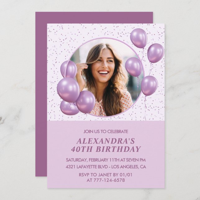 40th birthday invitations Balloons Photo Purple (Front/Back)