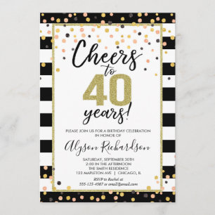 40th birthday invitations, black and gold confetti invitation