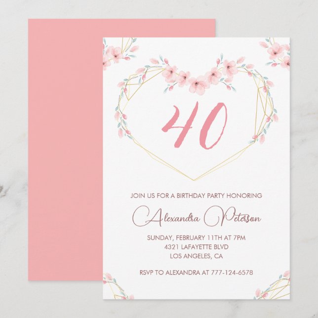 40th birthday invitations Boho Floral Elegant  (Front/Back)