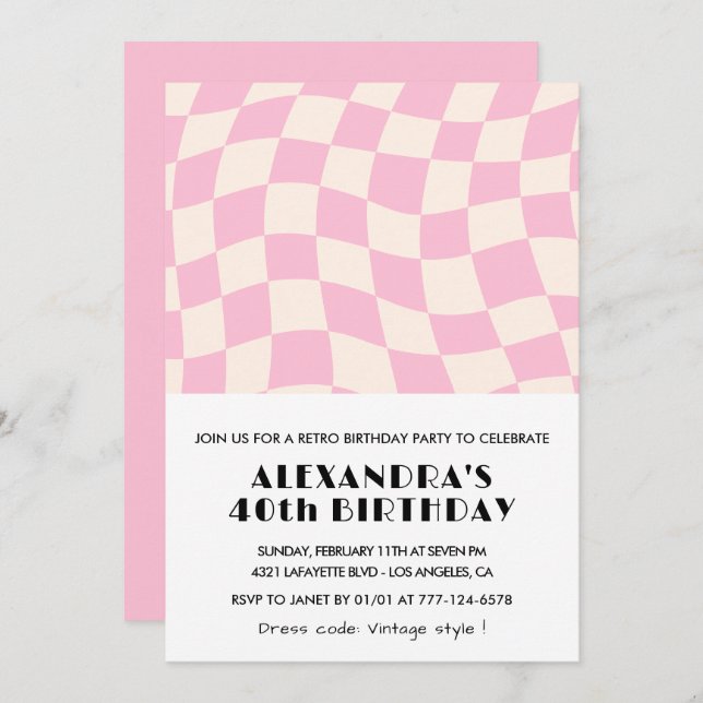 40th birthday invitations Chequered Retro Pink  (Front/Back)