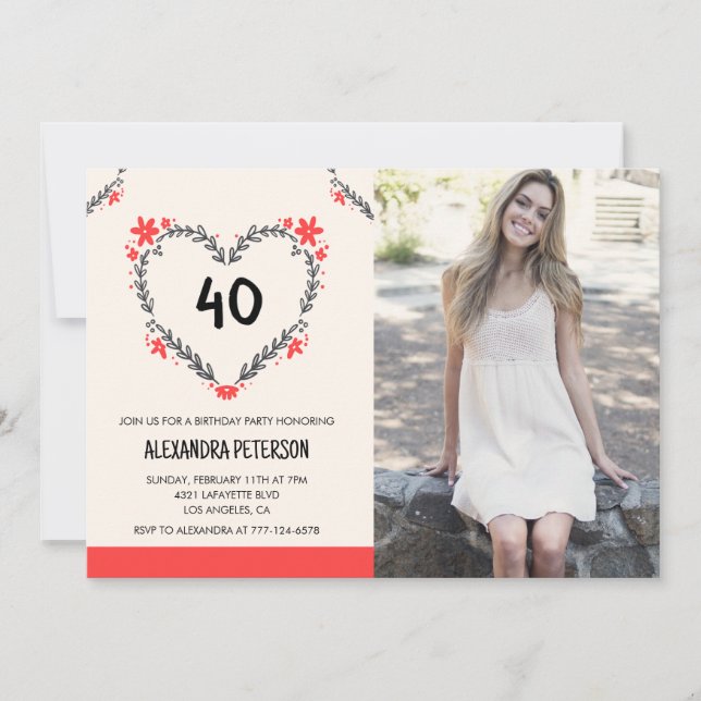 40th birthday invitations floral heart (Front)