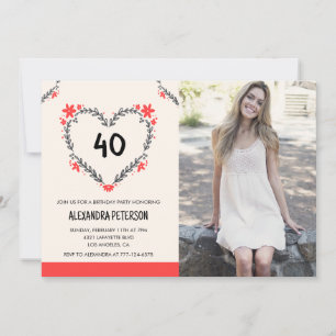 40th birthday invitations floral heart
