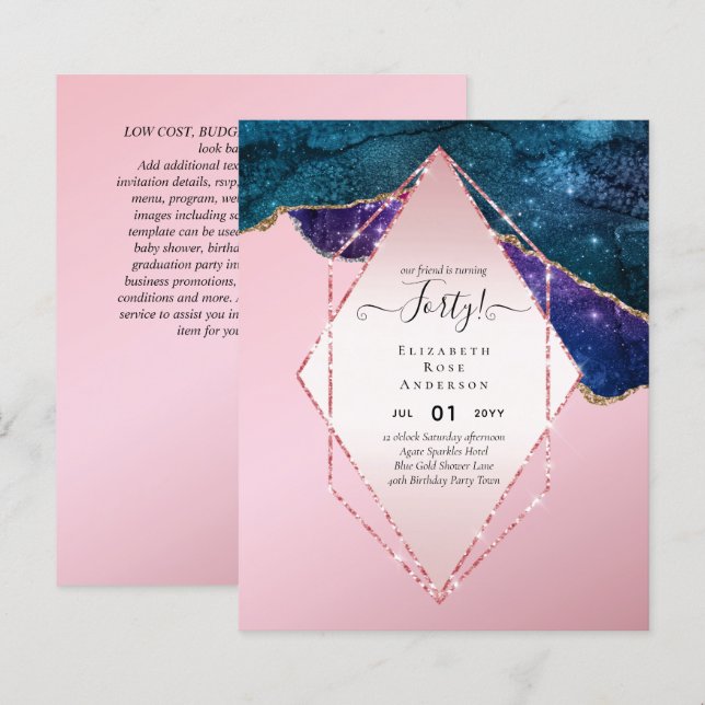 40th Birthday Invitations Glamour Girly Modern FUN (Front/Back)