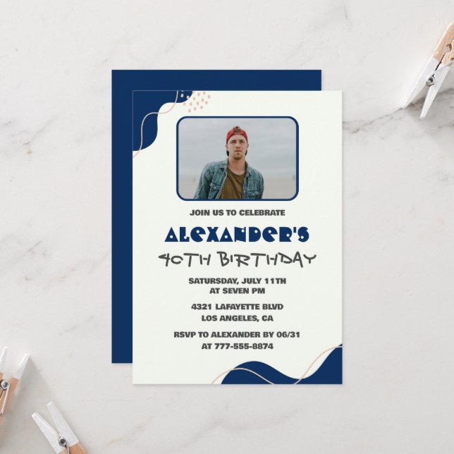 40th birthday invitations Men Blue Simple Photo (Front/Back In Situ)
