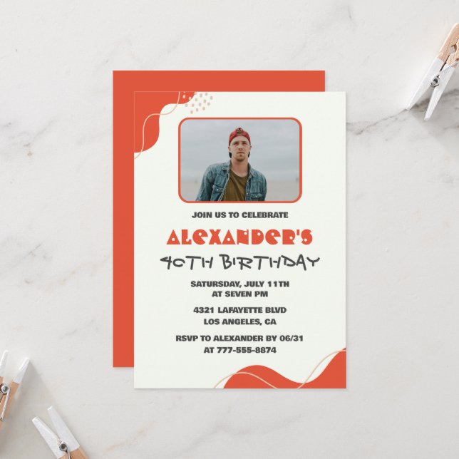 40th birthday invitations Men Red Simple Photo (Front/Back In Situ)