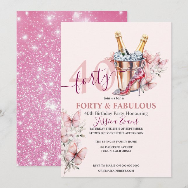 40th Birthday invitations Rose Gold Elegant Pink (Front/Back)