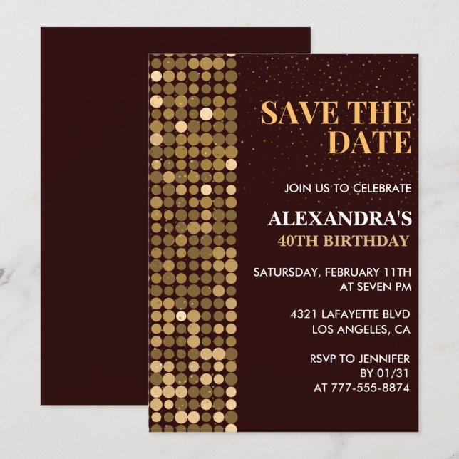 40th birthday invitations Save the date Gold (Front/Back)