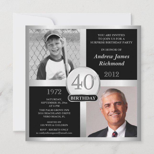 40th Birthday Invitations Then & Now Photos (Front)
