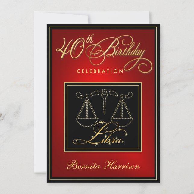 40th Birthday Invitations - Zodiac Sign Libra (Front)