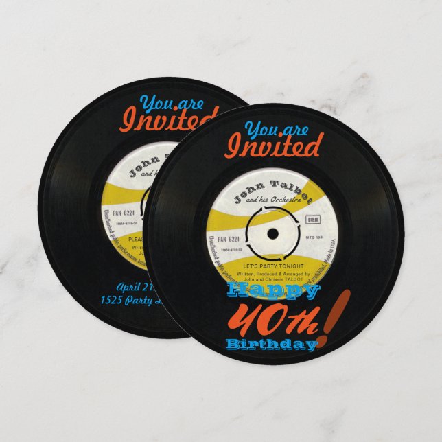 40th Birthday Invite Retro Vinyl Record 45 RPM (Front/Back)