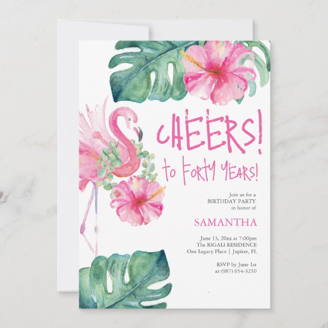 40th Birthday Invites Watercolor Pink Flamingo (Front)