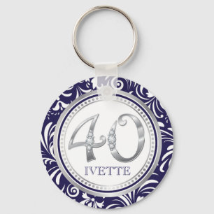 40th Birthday Key Chain-Navy Blue & Silver Key Ring
