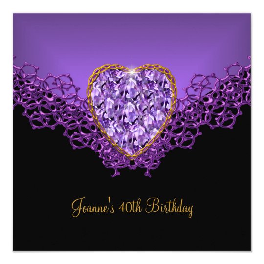 40th Birthday Lace Black Silver Deep Purple Heart Card