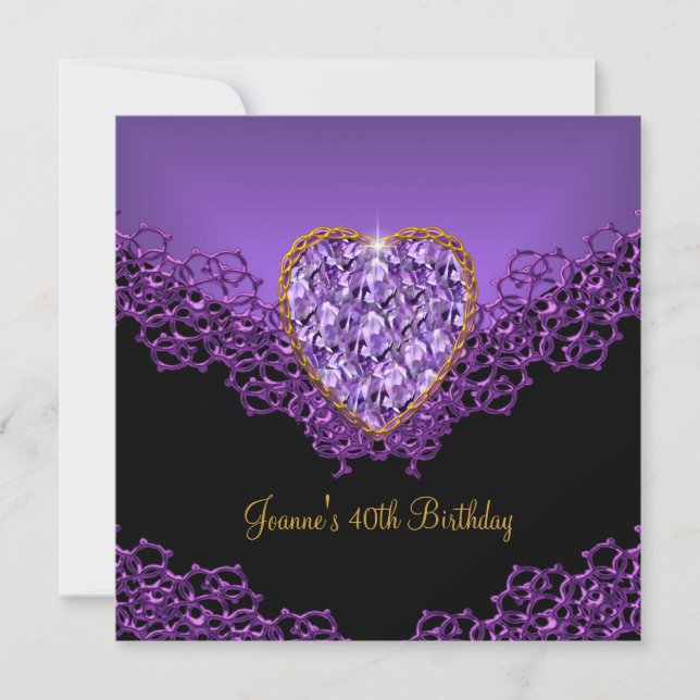 40th Birthday Lace Black Silver Deep Purple Heart Invitation (Front)