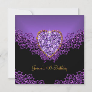 40th Birthday Lace Black Silver Deep Purple Heart Invitation