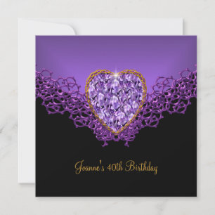 40th Birthday Lace Black Silver Deep Purple Heart Invitation