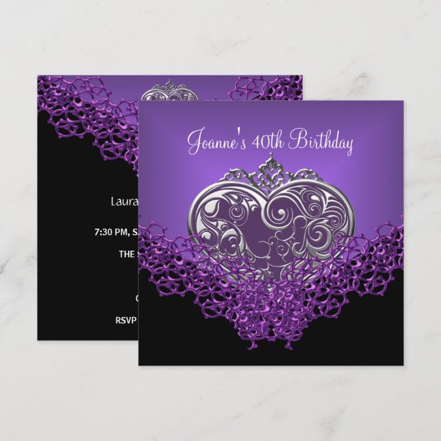 40th Birthday Lace Black Silver Deep Purple Heart Invitation (Front/Back)