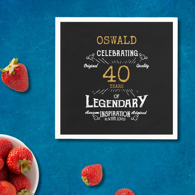 40th Birthday Legendary Black Gold Retro Napkin (For those celebrating their 40th birthday we have the ideal birthday party napkins)