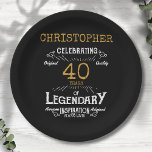 40th Birthday Legendary Black Gold Retro Paper Plate<br><div class="desc">For those celebrating their 40th birthday we have the ideal birthday party plates with a vintage feel. The black background with a white and gold vintage typography design design is simple and yet elegant with a retro feel. Easily customise the text of this birthday plate using the template provided. Part...</div>