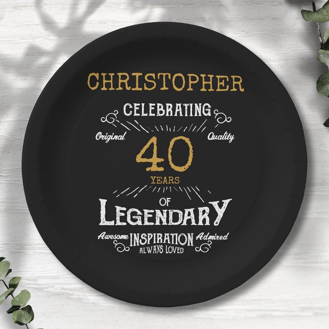 40th Birthday Legendary Black Gold Retro Paper Plate (For those celebrating their 40th birthday we have the ideal birthday party plates)