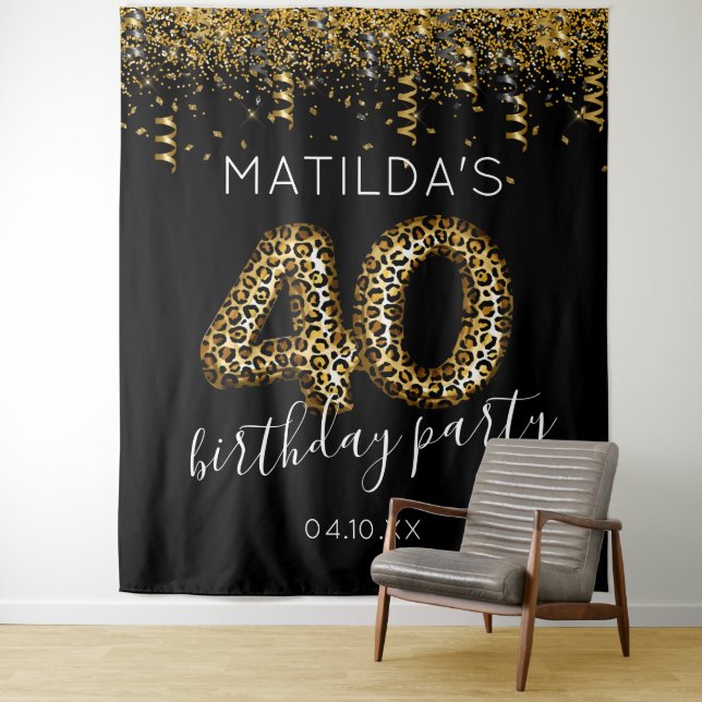 40th Birthday Leopard Print Photo Backdrop Tapestry (In Situ)
