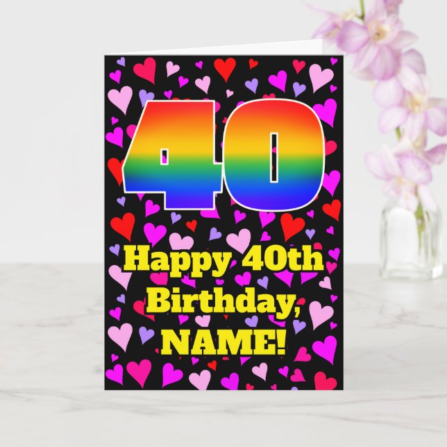 40th Birthday: Loving Hearts Pattern, Rainbow # 40 Card (Orchid)