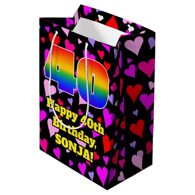 40th Birthday: Loving Hearts Pattern, Rainbow # 40 Medium Gift Bag (Back Angled)